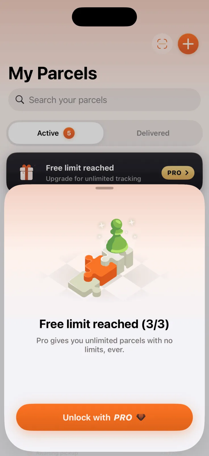 Parceler free plan tracking limit screen