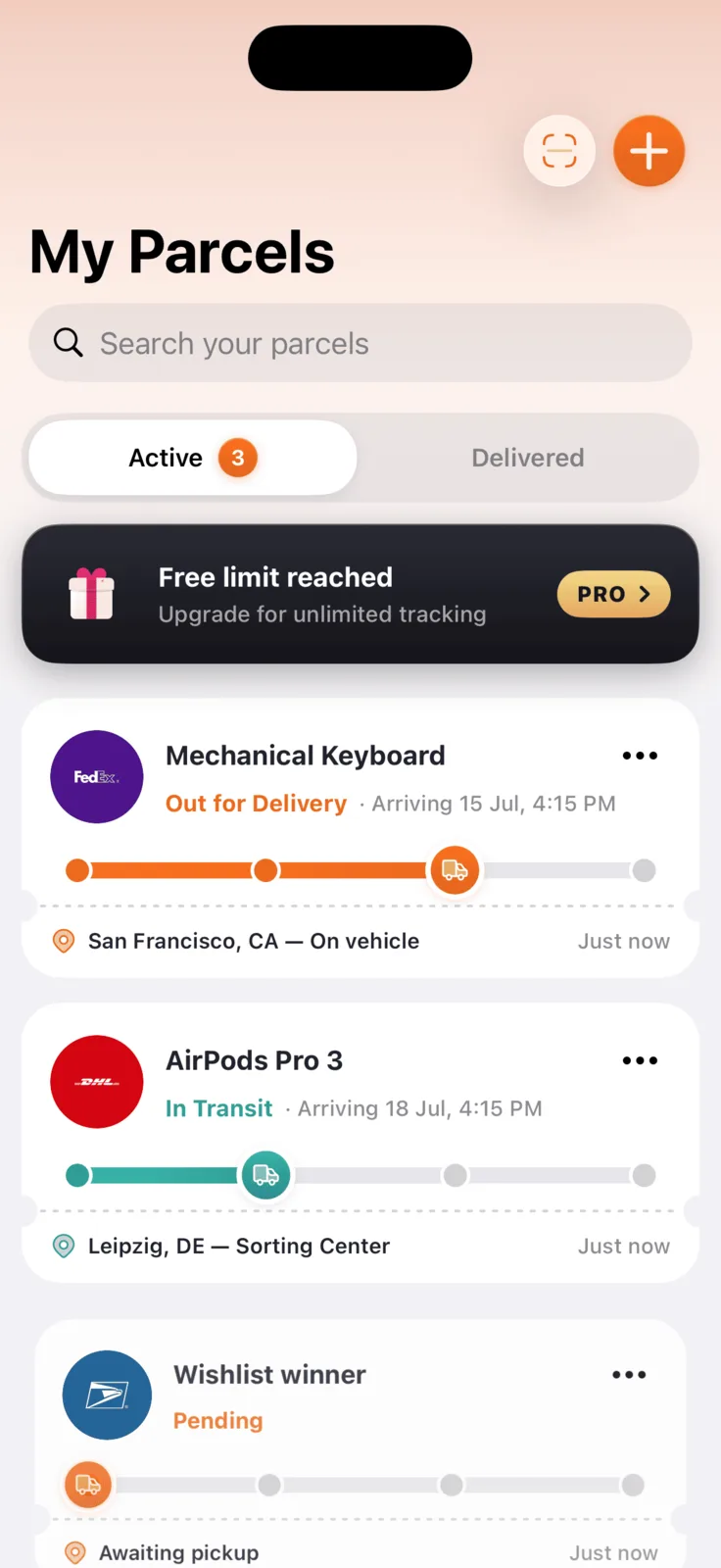 Parceler home screen with full parcel list on the free plan