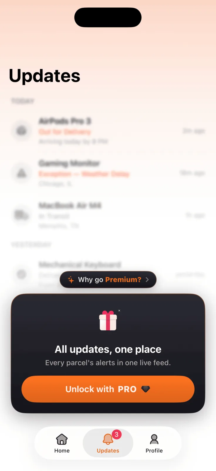 Parceler home screen showing tracked parcels and delivery status