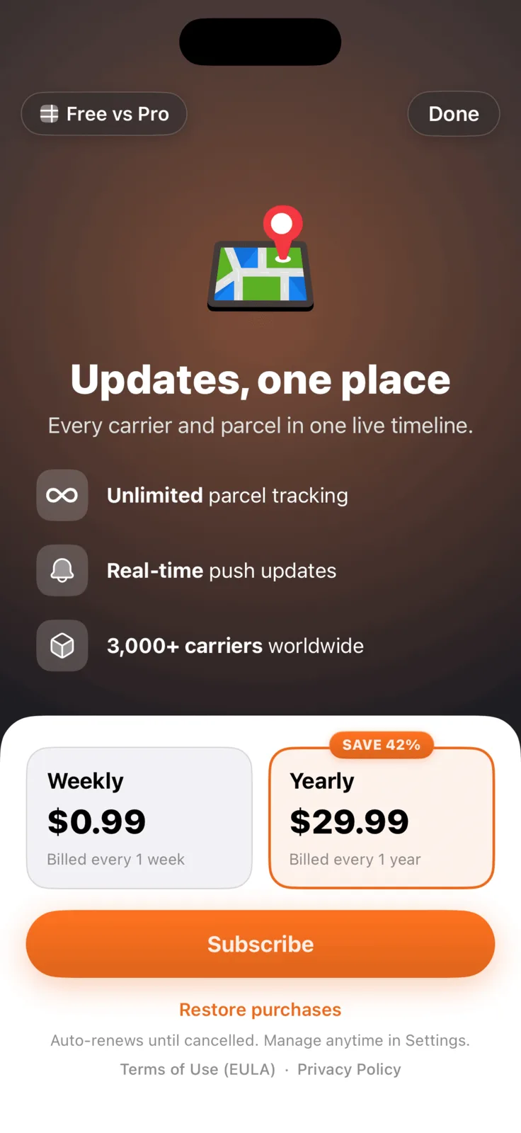 Parceler Pro plan features screen